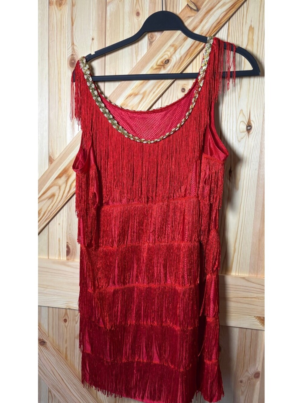 Red Fringe Flapper Dress with Gold Sequin Trim Costume
